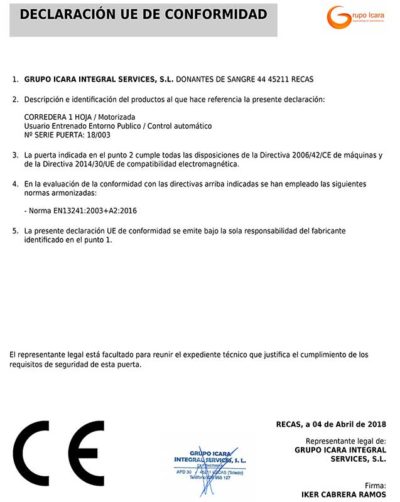 Marcado CE obligatorio en puertas de garaje - declaracion conformidad GI Ejemplo declaración conformidad CE