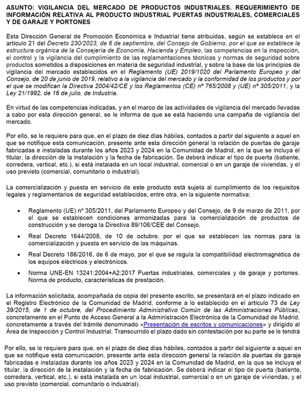 Nueva normativa del Marcado CE para puertas de garaje 14 febrero 2024 - carta inspeccion marcado ce Carta de inspección de Marcado CE para puertas de garaje, comerciales e industriales